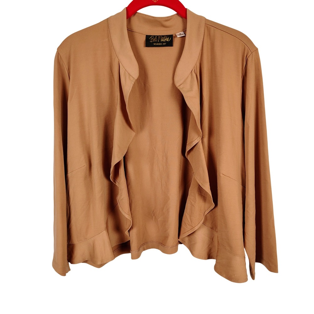 Bob Mackie Womens 1X Ruffle Cardigan Mock Neck Twin Set Camel Tan Earth Tones